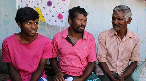 Chinayya (Right), the son of Vanthala Ramanna, with his son and grandson. They still live on land proposed to be a reserve forest and are technically 'encroachers'. Photo: Vikas Choudhary / CSE