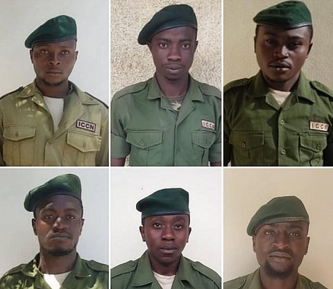 The six rangers who were killed. Photo: @Tom_Rwanika / Twitter
