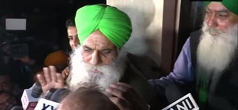Farmer leader Jagjit Singh Dallewal from the Bharatiya Kisan Union speaking to media after the talks. 