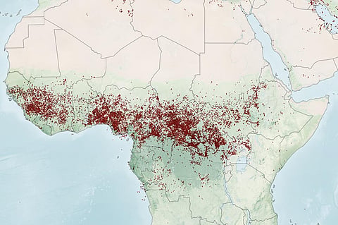 Fire detections during a typical February as observed by the Visible Infrared Imaging Radiometer Suite (VIIRS) on the Suomi NPP satellite.
