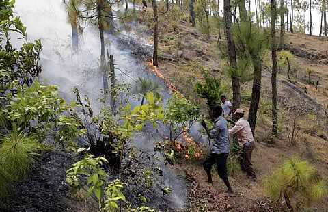 उत्तराखंड के जंगलों में लगी आग को बुझाने के लिए स्थानीय लोग भी आगे आ रहे हैं। फाइल फोटो: विकास चौधरी