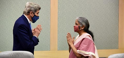 US Special Presidential Envoy John Kerry greets Union Finance Minister Nirmala Sitharaman on April 6. Photo: Twitter Handle of Finance Ministry
