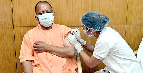 UP Chief Minister Yogi Adityanath getting his vaccine shot April 5, 2021. Photo: @myogiadityanath / Twitter
