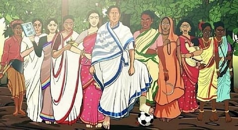 This painting showing Mamata Banerjee surrounded by other women has gone viral on social media. The artist is not known.