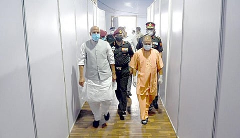 UP CM Adityanath and Union Defence Minister Rajnath Singh visit the Atal Bihari Vajpayee Covid Hospital in Lucknow. Photo: @myogiadityanath / Twitter
