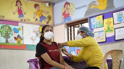 Vaccination being carried out at the SKV School in the Chirag Delhi neighbourhood of the national capital. Photo: @msisodia / Twitter