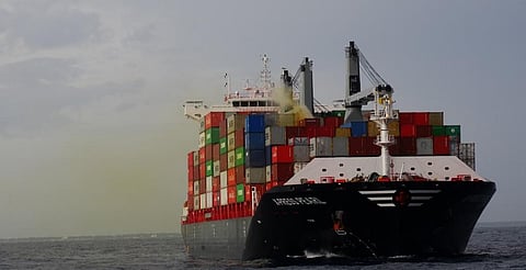 Nitric acid fumes on board the X-Press Pearl on May 20, 2021, which ignited the blaze on board. Photo: Isuruhetti via WIkimedia
