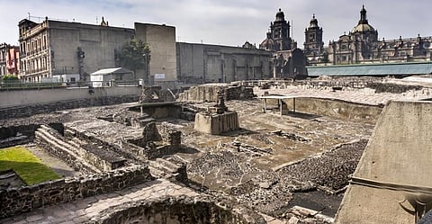 The Metropolitan Cathedral in Mexico City besides the ruins of the Templo Mayor. The Aztec Temple was stood from 1325 to 1521, when it was destroyed. The Temple stones were used to construct the cathedral. Photo: istock

. Photo: Wikipedia