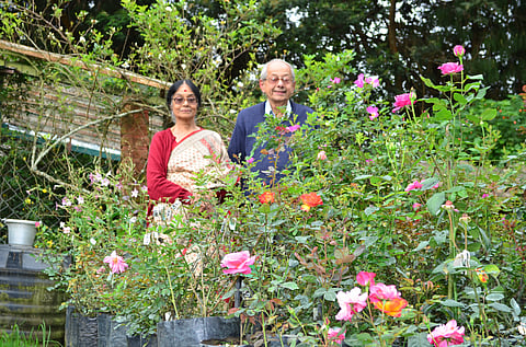Rosarian S Viraraghavan and his wife Girija, who recently released a hybrid variety of rose and named it ‘Richard Rose’. Photo: Rohit Ghosh 