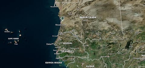 A map of West Africa showing Mauritania, Senegal, Gambia and Guinea Bissau. 