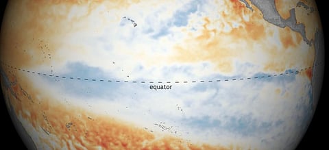 Cooler-than-average sea surface temperatures along the equator is indicative of La Nina in the tropical Pacific Ocean in September 2021. Photo: NOAA