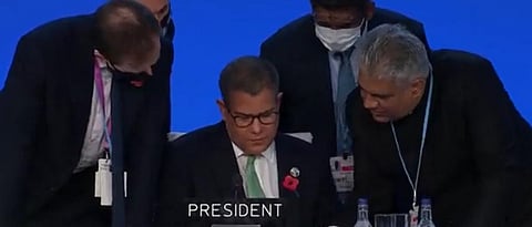 Union Environment Minister Bhupender Yadav proposes weakening fossil fuel language from ”phase-out” coal to “phase-down” to CoP26 President Alok Sharma just before CoP26's final plenary is set to start