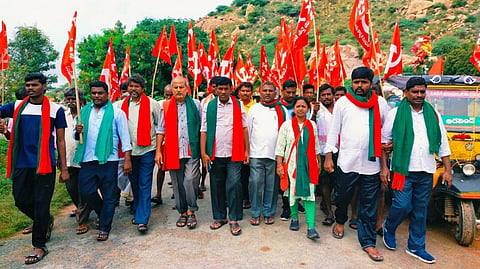 Left party activists taking out rally seeking compensation for failed groundnut and other crops in Anantapuramu district of Andhra Pradesh. Photo: By special arrangement