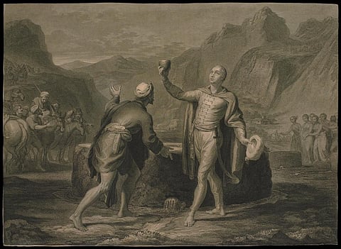 Scotsman James Bruce, having reached a fountain at Gisha (Abyssinia) regarded as the source of the Nile, uses a coconut to drink the water to the health of King George III and Empress Catherine the Great. Photo: Wellcome Collection