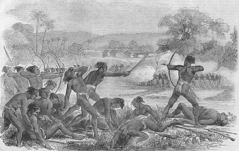 600 Santhals attack a party of 50 sepoys during the 1855 Santhal Rebellion. Photo: Wikimedia Commons