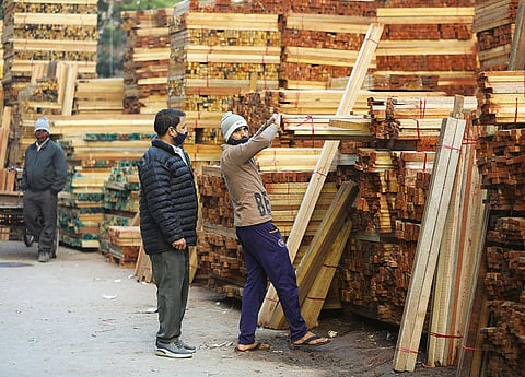 दिल्ली के कीर्ति नगर में स्थित टिंबर मार्केट में  आयातित लकड़ियों की भरमार है (फोटो: विकास चौधरी / सीएसई)