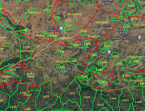 A map of  the revenue boundary of Chandragiri village (and neighbouring villages), overlaid on Google Earth and forest compartment maps. (Screenshot from httpcfr.atree.orgbastar)