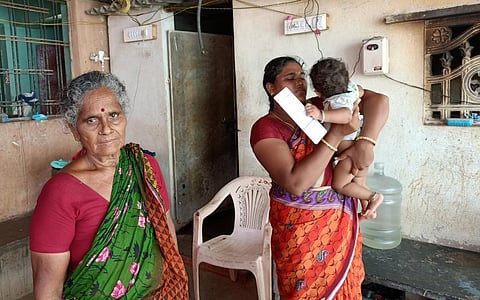 K Lahari, a resident of Durgasamudram village and panchayat, Tirupati rural mandal with her 10 month-old child and mother-in-law K Indranamma. The family had to mortgage their house despite having an Aarogyasri card for hospital expenses. 