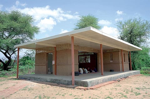 A learning and resource centre at Lilapur village in Ahmedabad with a modular roof, made from recycled coconut husk and paper waste, which can reduce indoor temperatures by 5-6&deg;C. (Photographs Courtesy: Mahila Housing Trust)