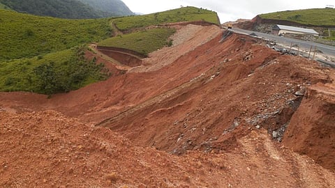 A view of the Satram airstrip in Idukki district after a portion of the runway caved in following heavy rain. (Photo: K A Shaji)