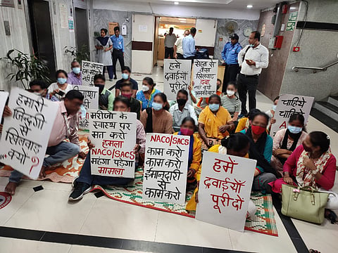 Around 40 HIV+ patients are protesting outside NACO office in Delhi  over alleged shortage of antiretroviral therapy drugs. Photo: Hari Shankar Singh