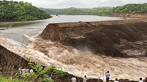 Water draining from the makeshift canal in the Karam dam. Photo: Arvind Shukla