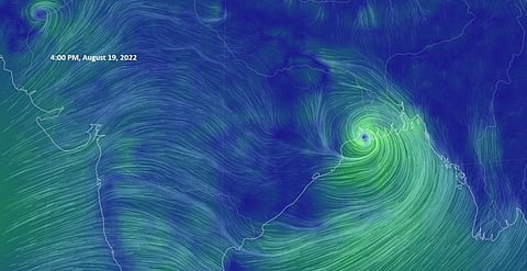 A map showing the storm activity over Bay of Bengal 