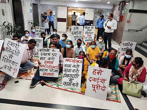 Claiming a shortage of antiretroviral drugs, HIV patients have been protesting since July 21 outside the National AIDS Control Organisation office in Delhi (Photo: Hari Shankar Singh)