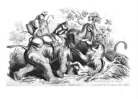 Lion hunting by General Godfrey Charles Mundy and hunting party, on elephant between the jungles of Kaithal and Hansi. 
