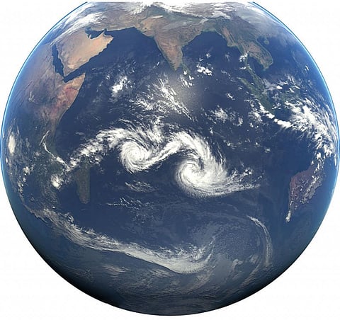 Fujiwhara effect between two tropical cyclones Diamondra and Eunice in the 
Indian Ocean on January 28, 2015 (Photographs courtesy: NASA)