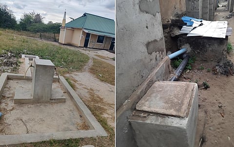 (Left) A community water collection stand post at Mtoni village in Bagamoyo district; Separate drainage lines for greywater and black water at a house in Benki Village, Bagamoyo. Photo: Swati Bhatia