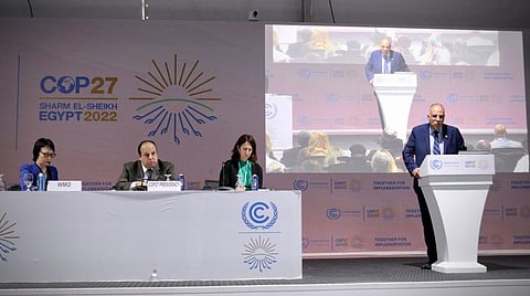 Deputy Secretary General of World Metrological Organization Elena Manaenkova (L), head of COP27 Presidency Sameh Shoukry and others during the launch of AWARe. Photo: United Nations