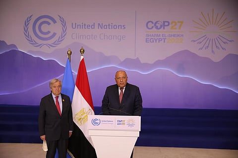 The current status of funding arrangements for loss and damage was discussed at length by UN Secretary-General Guterres (L) and COP27 President Shoukry. Photo: @COP27P/Twitter