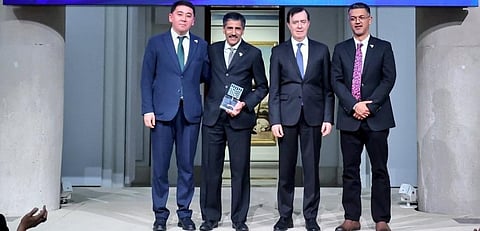 Chyngyz Kochorov (Left), Charudutt Mishra (Second from Left) and Koustubh Sharm (Right) at the ceremony in Madrid. Photo: @snowleopards / Twitter
·