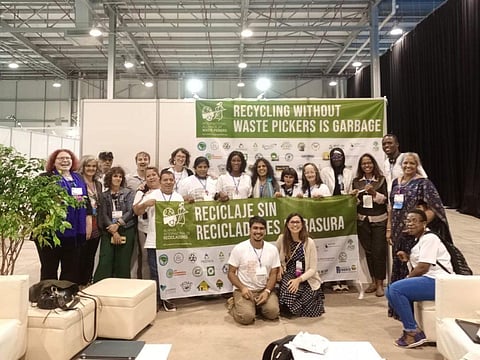 A delegation of International Alliance of Waste pickers (IAW) at the ongoing negotiations on a global treaty to end plastic pollution in Uruguay’s Punta Del Este. Photo: IAW