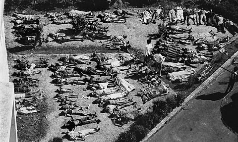 Dead bodies of victims in the immediate aftermath of the Bhopal Gas Tragedy