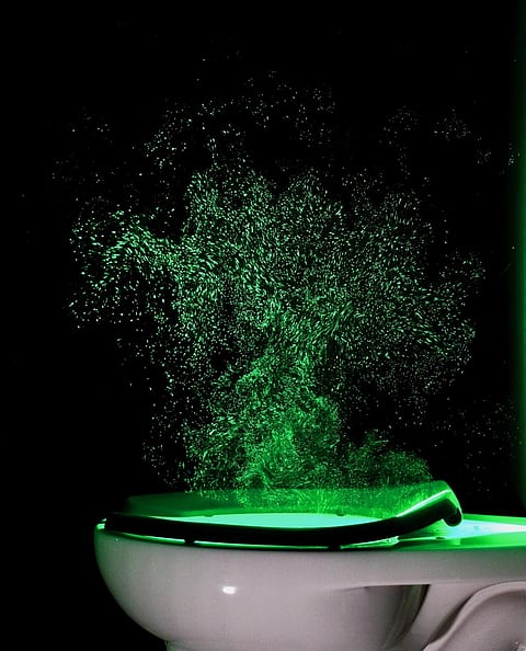 Aerosol plumes from commercial toilets can rise 5 feet above the bowl. Photo: John Crimaldi/Scientific Reports, CC BY-NC-ND