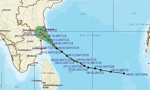 The current path of Cyclone Mandoos. Photo: IMD