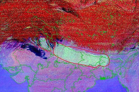 A layer of dense and very dense fog (in white patch) extending from Punjab to Bihar across Haryana, Delhi and Uttar Pradesh at 5.30 am on January 11, 2023. Photo: IMD