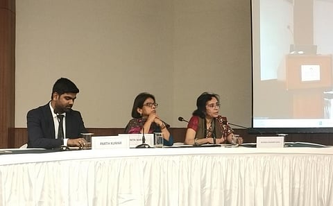 Parth Kumar, programme manager, industrial pollution, CSE; Sunita Narain, CSE director general and Ruchika Govil from the Ministry of Steel. 