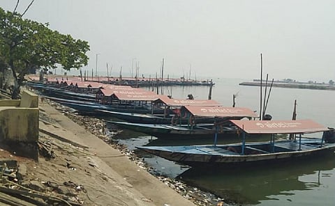 Fishing boats lying near Rushikulya river mouth during the ban period. Photo: Hrusikesh Mohanty