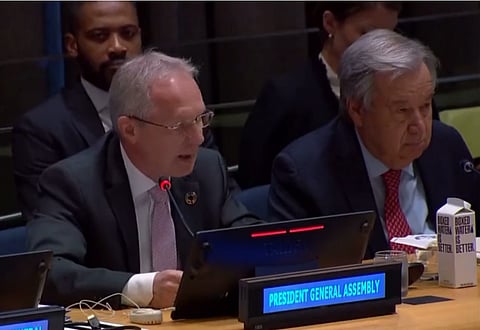 President of UN General Assembly Csaba Kőrösi (left) and UN Secretary-General António Guterres during the 2023 Economic and Social Council Forum. Photo: @UN_PGA / Twitter