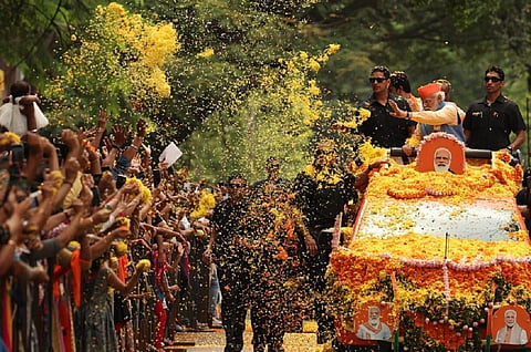  The ruling BJP had declared that the elections would be fought on the issues relating to Tipu, Savarkar, the Uniform civil code and dereservation for minority communities. Photo: Twitter / Narendra Modi.