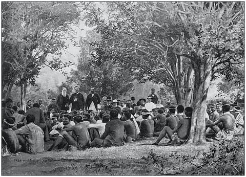 An illustration of an antique photograph of the British Empire’s mission work among the Zulu people of then-Natal province. ilbusca/DigitalVision Vectors/Getty Images