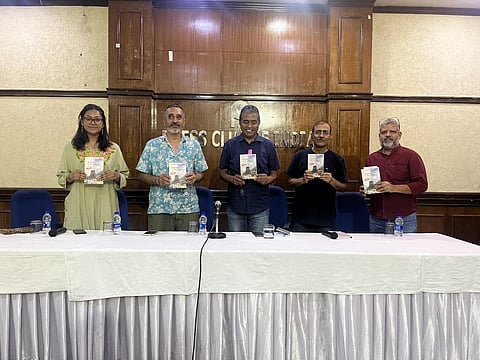 From (l-r) Jayashree Nandi, Nitin Sethi, Hridayesh Joshi, Alok Joshi and Charu Tewari relaunch 'Tum Chup Kyon Rahe Kedar'. Photo: @Osama_Zakariaa / Twitter
