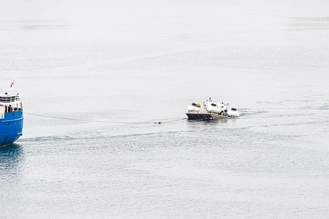 The vessel Polar Prince towing OceanGate Expeditions submersible vessels from St. John’s, N L, as it leaves to tour the Titanic wreck site on May 29, 2023. Photo: Shutterstock