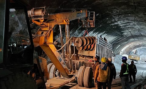 40 laborers are trapped in a landslide in an under-construction tunnel for the Char Dham Highway Project near Silkyara in Uttarkashi district, Uttarakhand. Photo: Uttarkashi Police