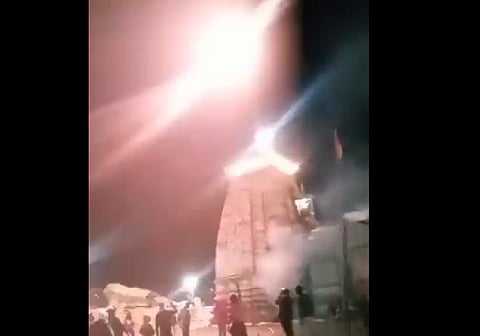 A screengrab from a video clip circulating on social media showing loud firecrackers burst near Kedarnath temple