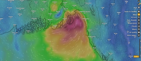 Cyclone Midhili on the Bay of Bengal at 6.30 pm on November 17, 2023. Screengrab: Windy.com