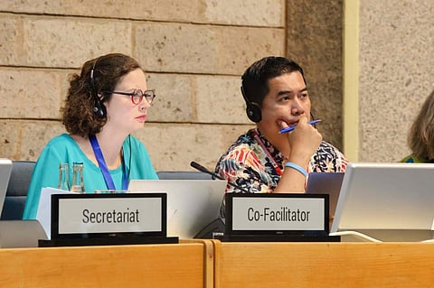 At INC-3 Day 6, delegates meeting to discuss possible intersessional work required to prepare for the next meeting in April 2024, co-facilitated by Marine Collignon, France, and Danny Rahdiansyah, Indonesia. Photo: Earth Negotiations Bulletin / X (formerly Twitter)